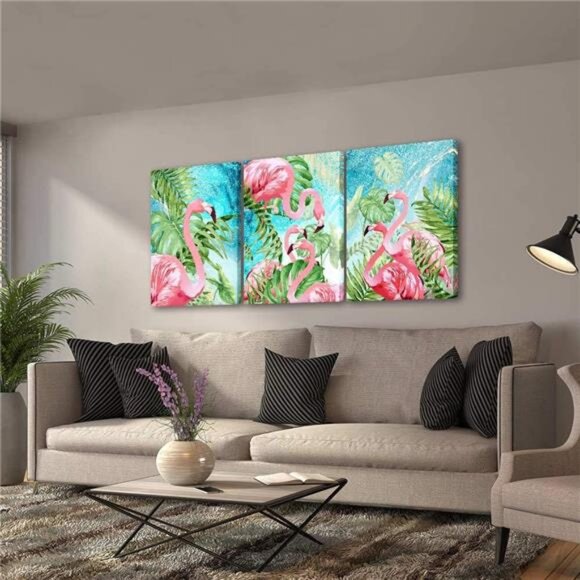 RUISHI Canvas Wall Art 3 Pieces Flamingo Boho Decor for Bedroom Animal Picture - Picture 3 of 6